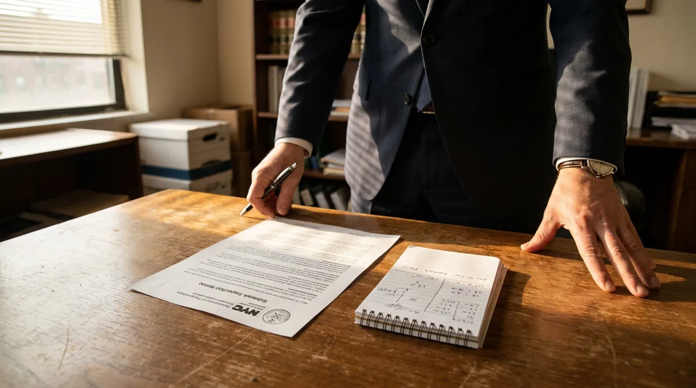 NYC Slip and Fall Attorney Reviewing Sidewalk Inspection Notice suited attorney standing over desk with NYC Sidewalk Inspection Notice and spiral notepad