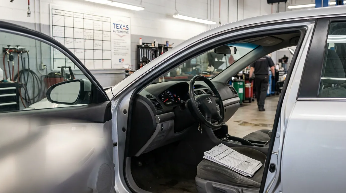 Honda vehicle interior with open door and paperwork on seat inside Texas Automotive garage