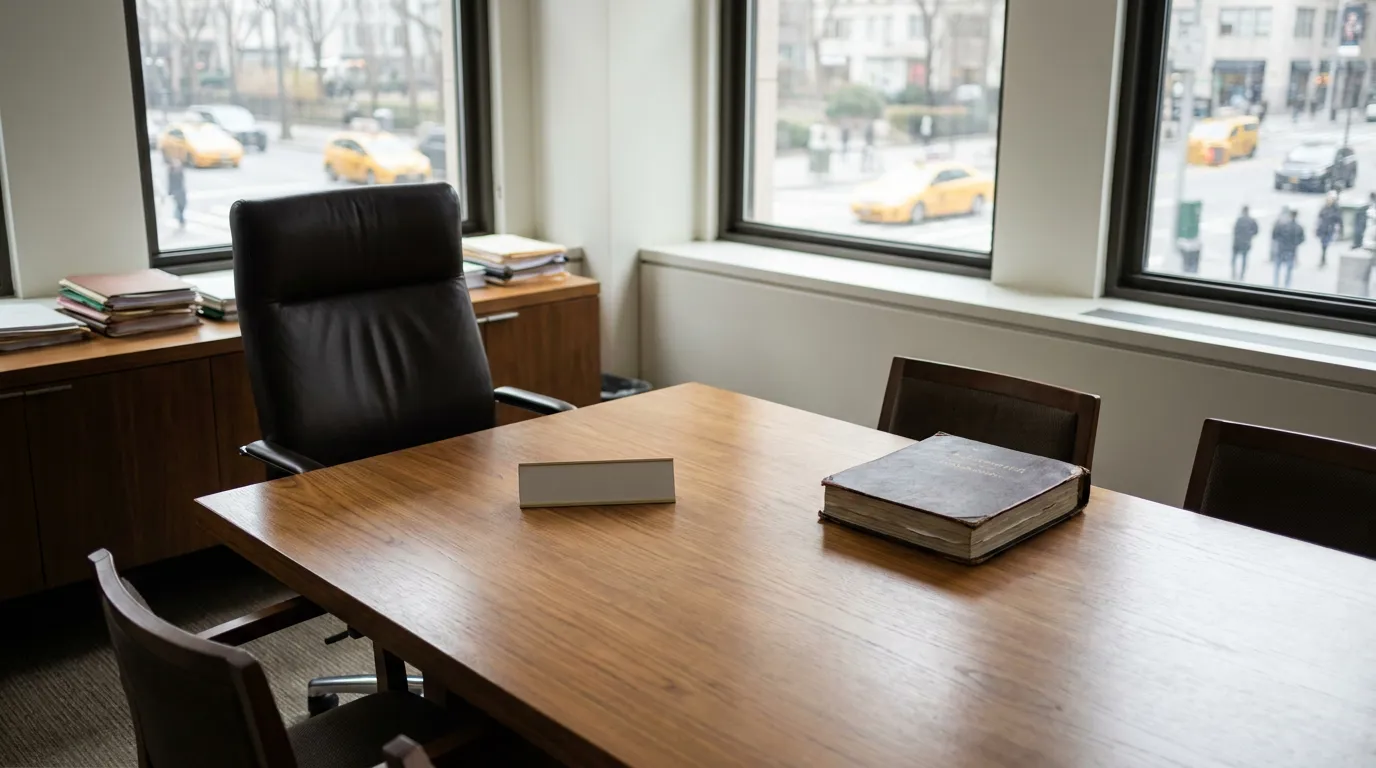 NYC Personal Injury 50-H Hearing Law Office law firm conference table with legal book, nameplate, and leather chair
