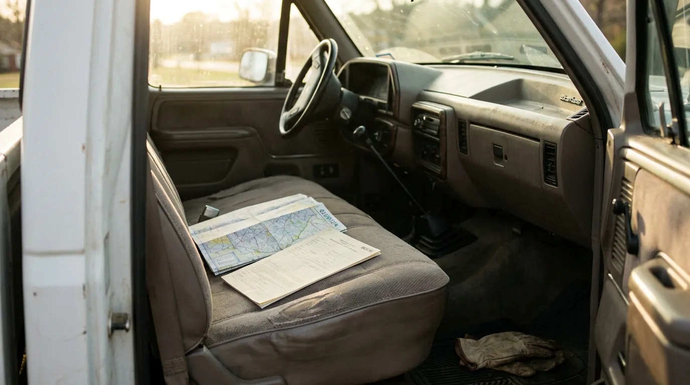 interior of pickup truck cab with road map resting on passenger seat