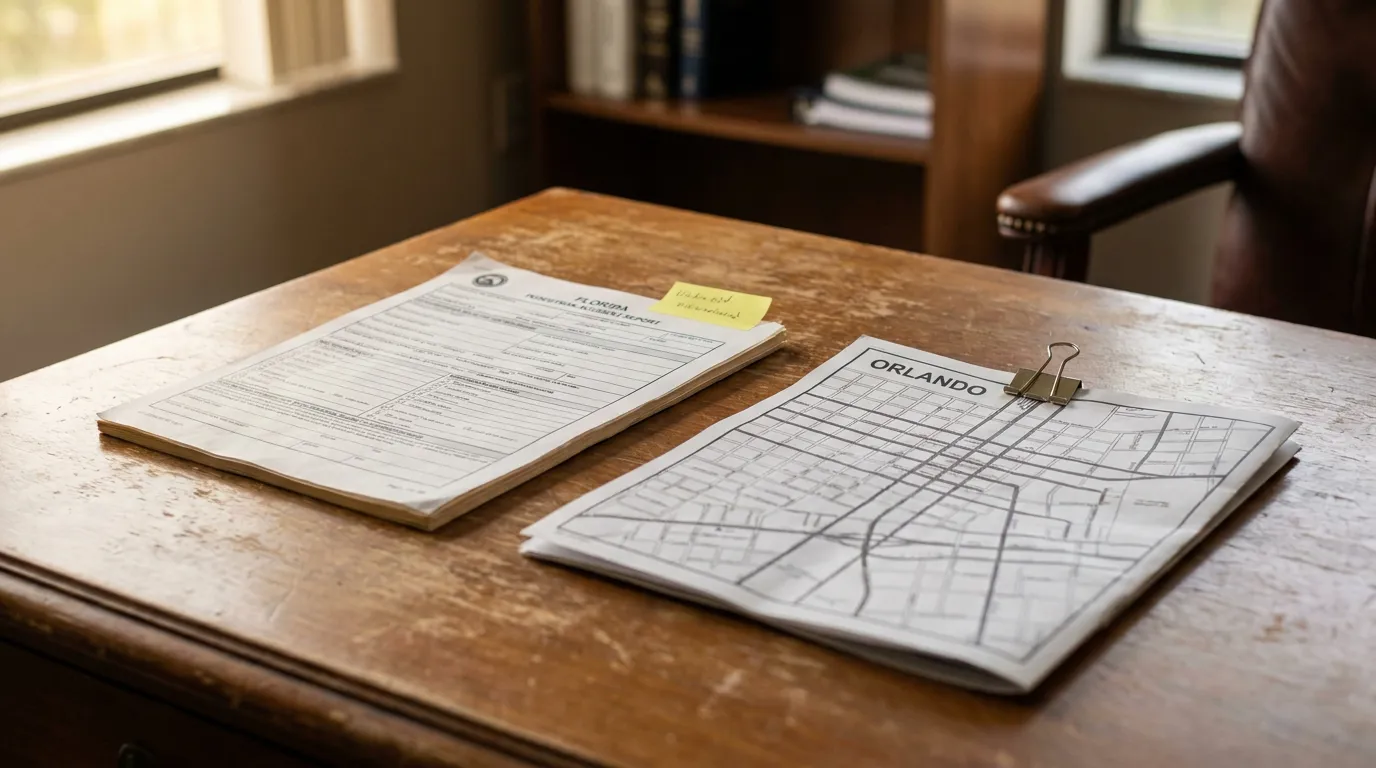 Orlando Pedestrian Accident Report and Street Map on Desk Florida pedestrian accident report and Orlando street map on wooden desk