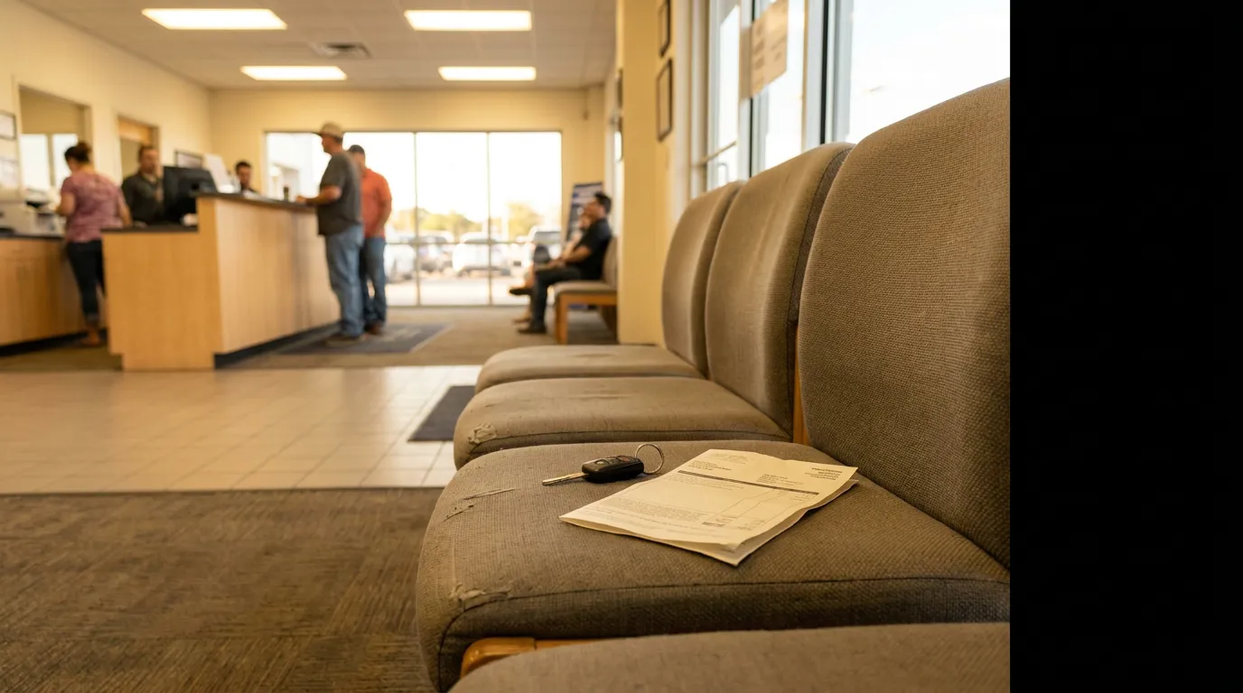 Texas Lemon Law Dealership Waiting Room With Car Keys car key and document resting on waiting room seat at auto dealership service counter