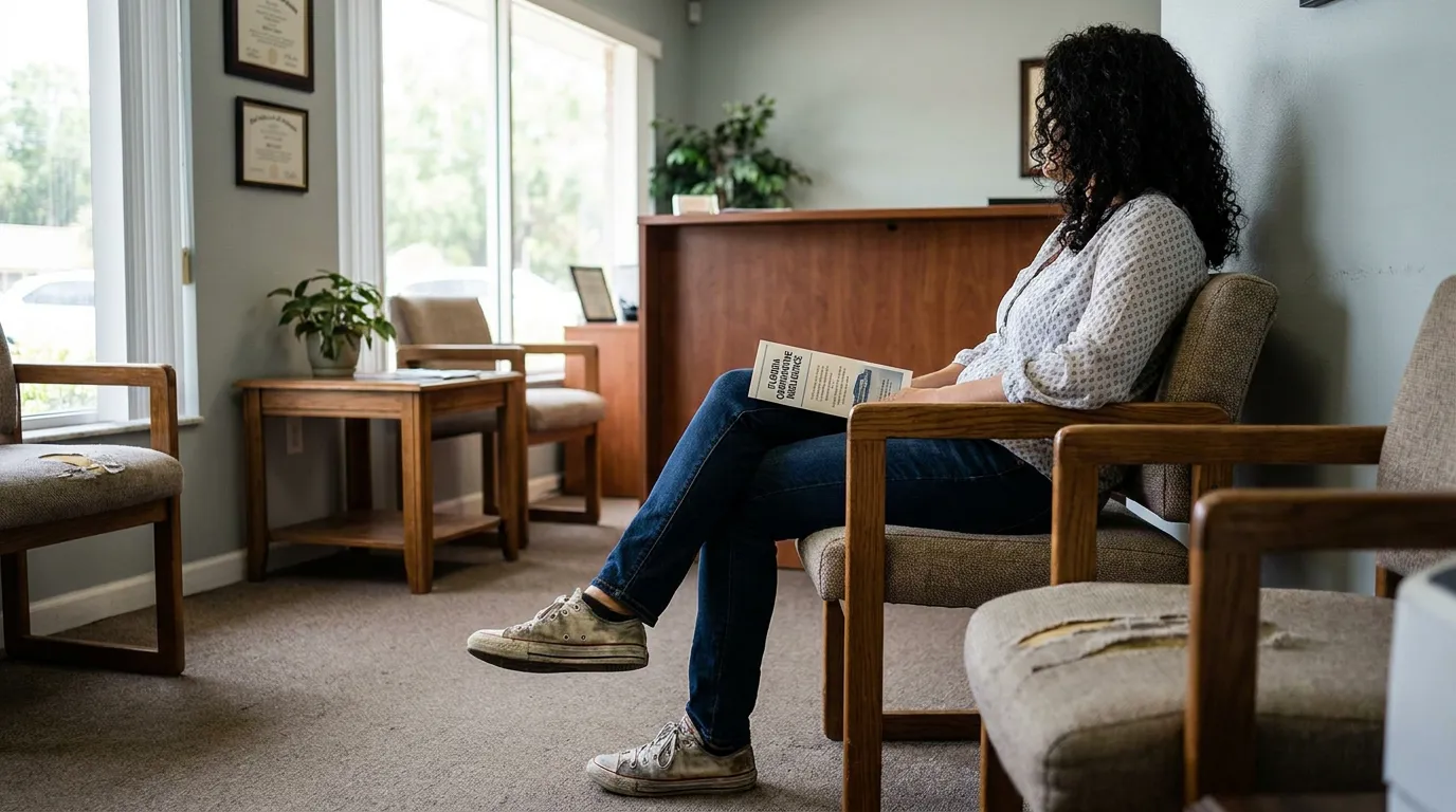 woman seated in law firm waiting room reading Florida legal pamphlet