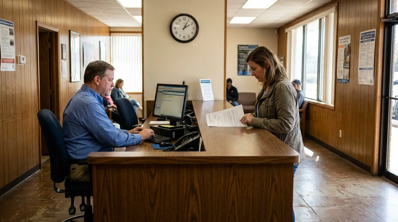 woman holding document at front desk while clerk types on computer