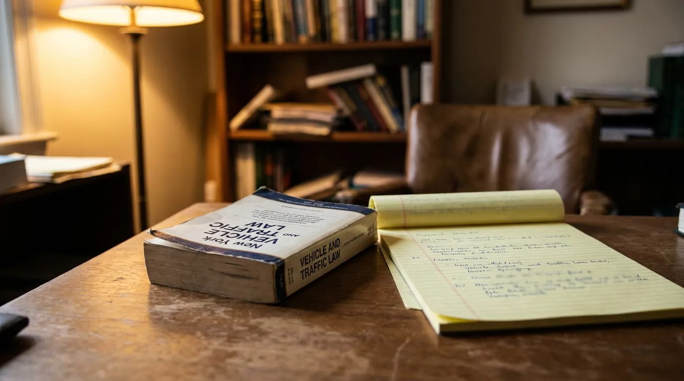 New York Vehicle and Traffic Law book beside handwritten legal notes on desk