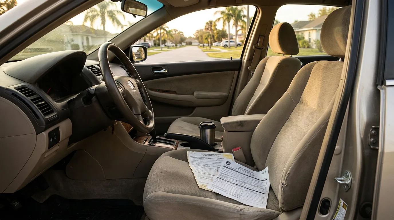 vehicle interior with documents and travel mug on passenger seat
