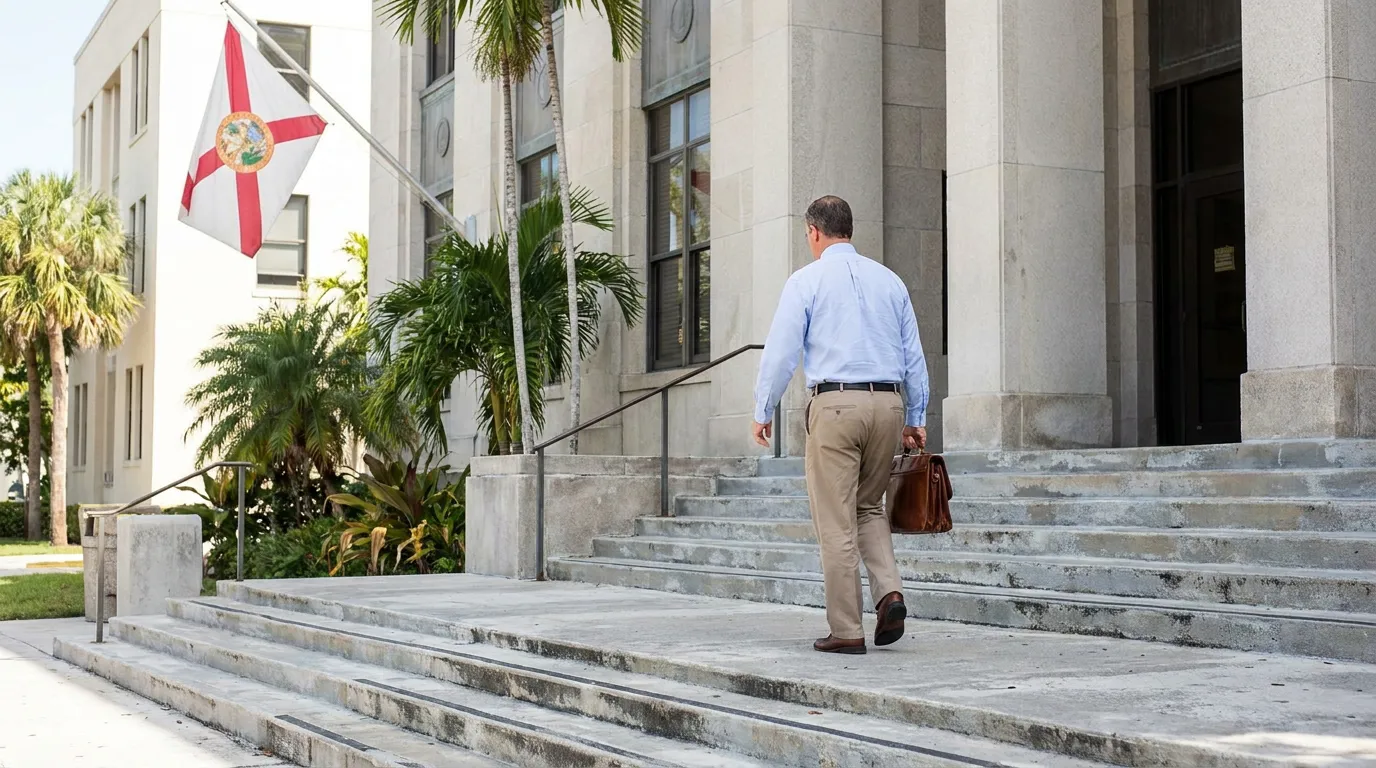 Fort Lauderdale Wrongful Death Attorney Entering Florida Courthouse attorney carrying briefcase ascending courthouse steps beneath Florida state flag