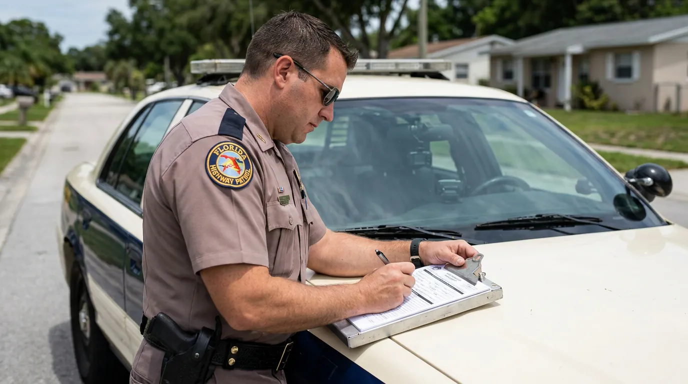 Florida Highway Patrol officer writing report on clipboard beside patrol car