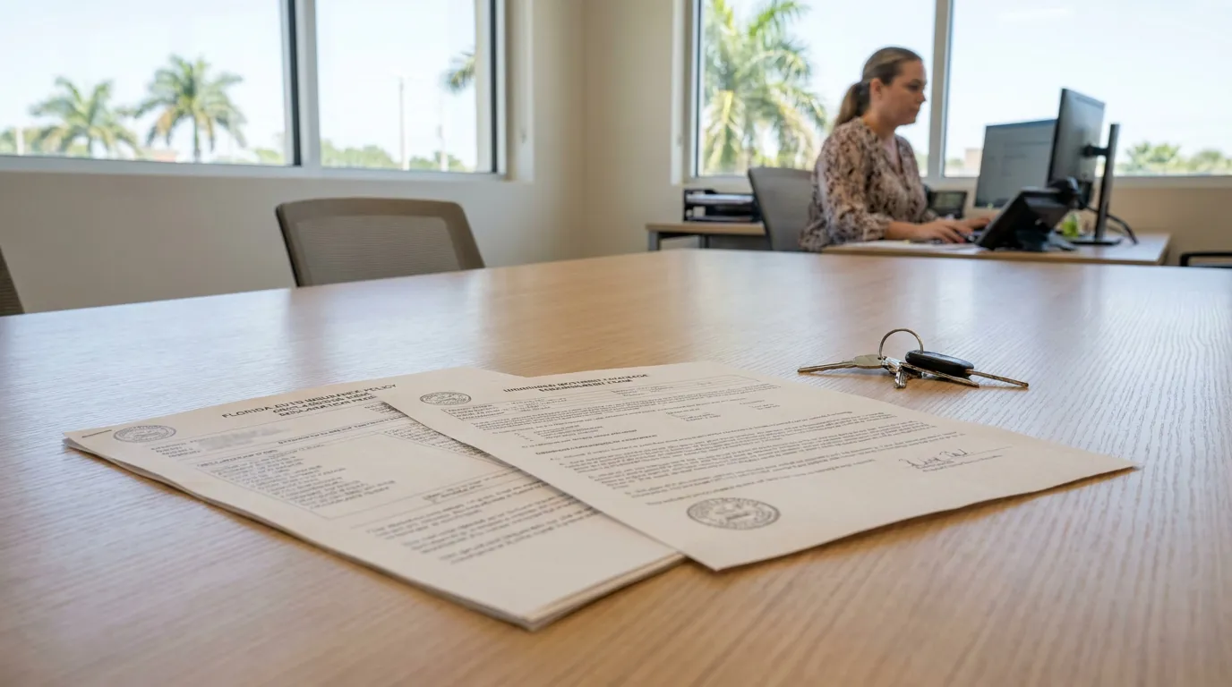 Florida UM Coverage Documents and Car Keys Miami Law Office Florida auto insurance policy declaration pages and car keys on conference table