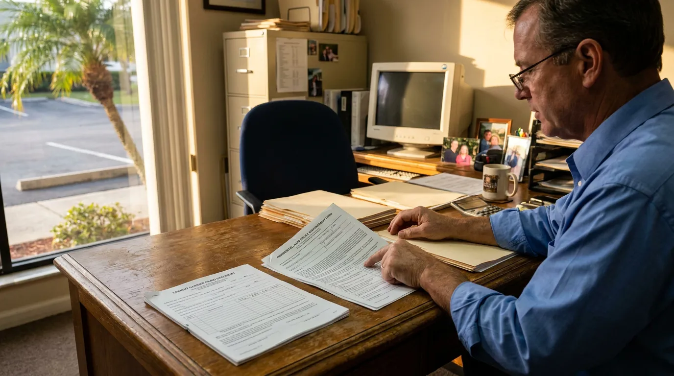 Florida Attorney Reviewing MCS-90 Endorsement Truck Insurance Documents man at office desk reviewing freight carrier claim and commercial auto policy documents