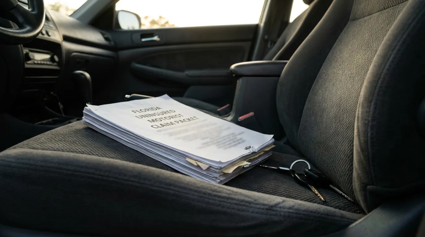 Florida Uninsured Motorist Claim Packet document stack on vehicle passenger seat with keys