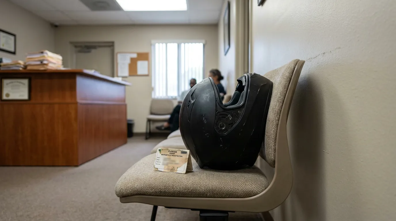 Fort Lauderdale Motorcycle Accident Attorney Office Helmet motorcycle helmet and Florida registration card on chair in law office waiting room