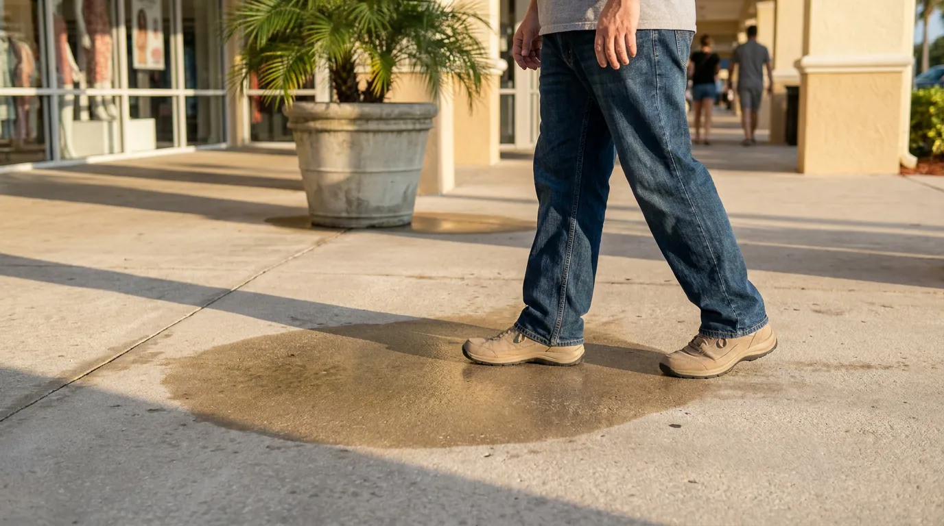 Man Walking Near Wet Sidewalk Slip and Fall Hazard Fort Lauderdale pedestrian walking near wet puddle on commercial sidewalk outside retail storefront