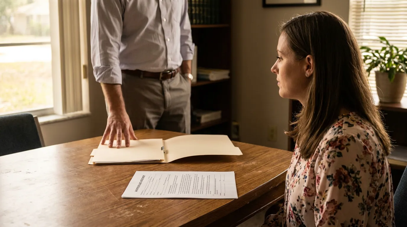 woman seated at office desk facing standing professional reviewing open case folder