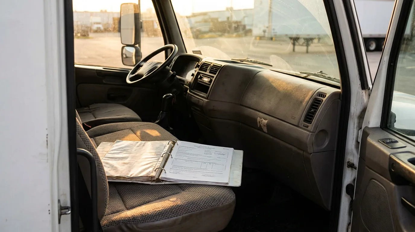 MCS-90 Insurance Documents Inside Fort Lauderdale Commercial Truck open binder with printed documents resting on commercial truck passenger seat