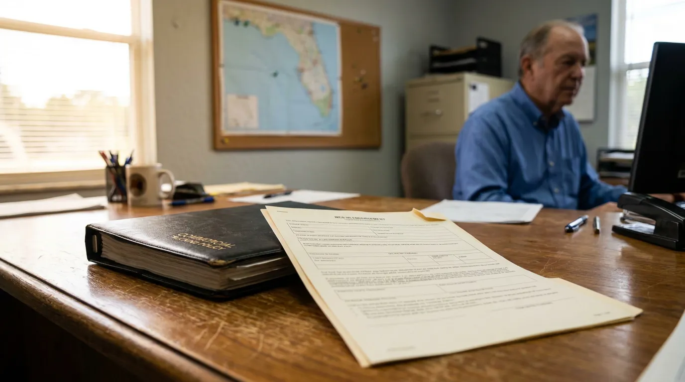 MCS-90 Endorsement Document on Fort Lauderdale Truck Lawyer Desk Commercial insurance policy binder and real estate encumbrance document on attorney's desk