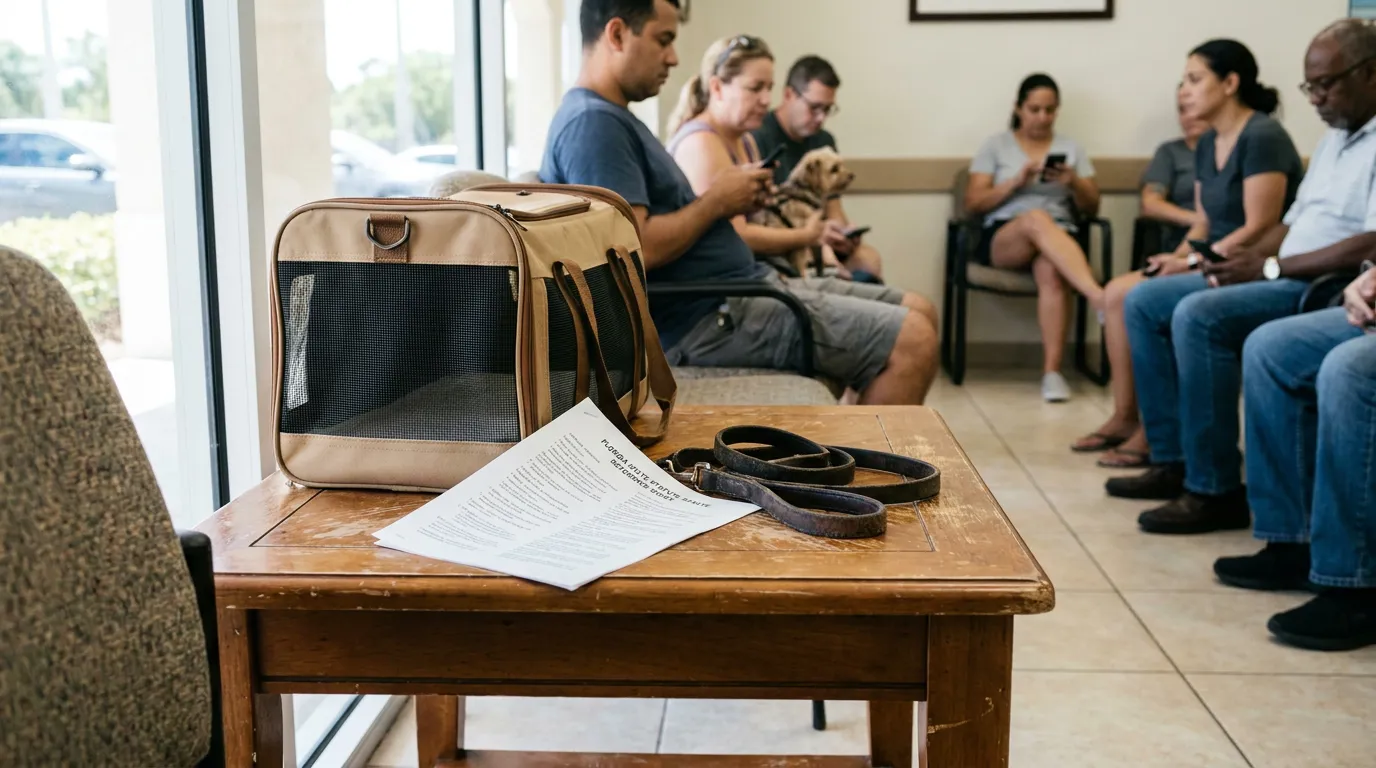 Florida Statute 768.21 Document in Fort Lauderdale Waiting Room pet carrier and Florida statute document on table in veterinary waiting room