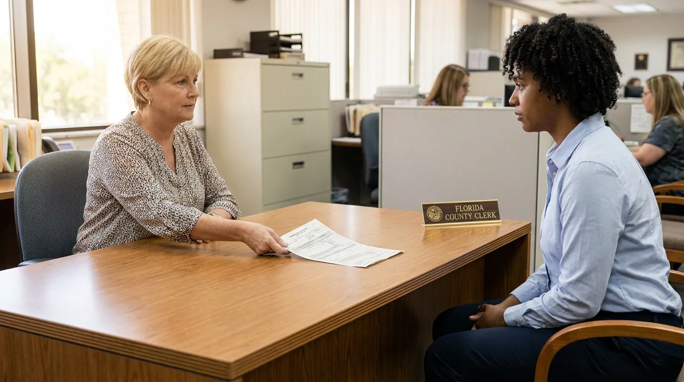 Florida County Clerk desk nameplate as clerk presents document to seated visitor