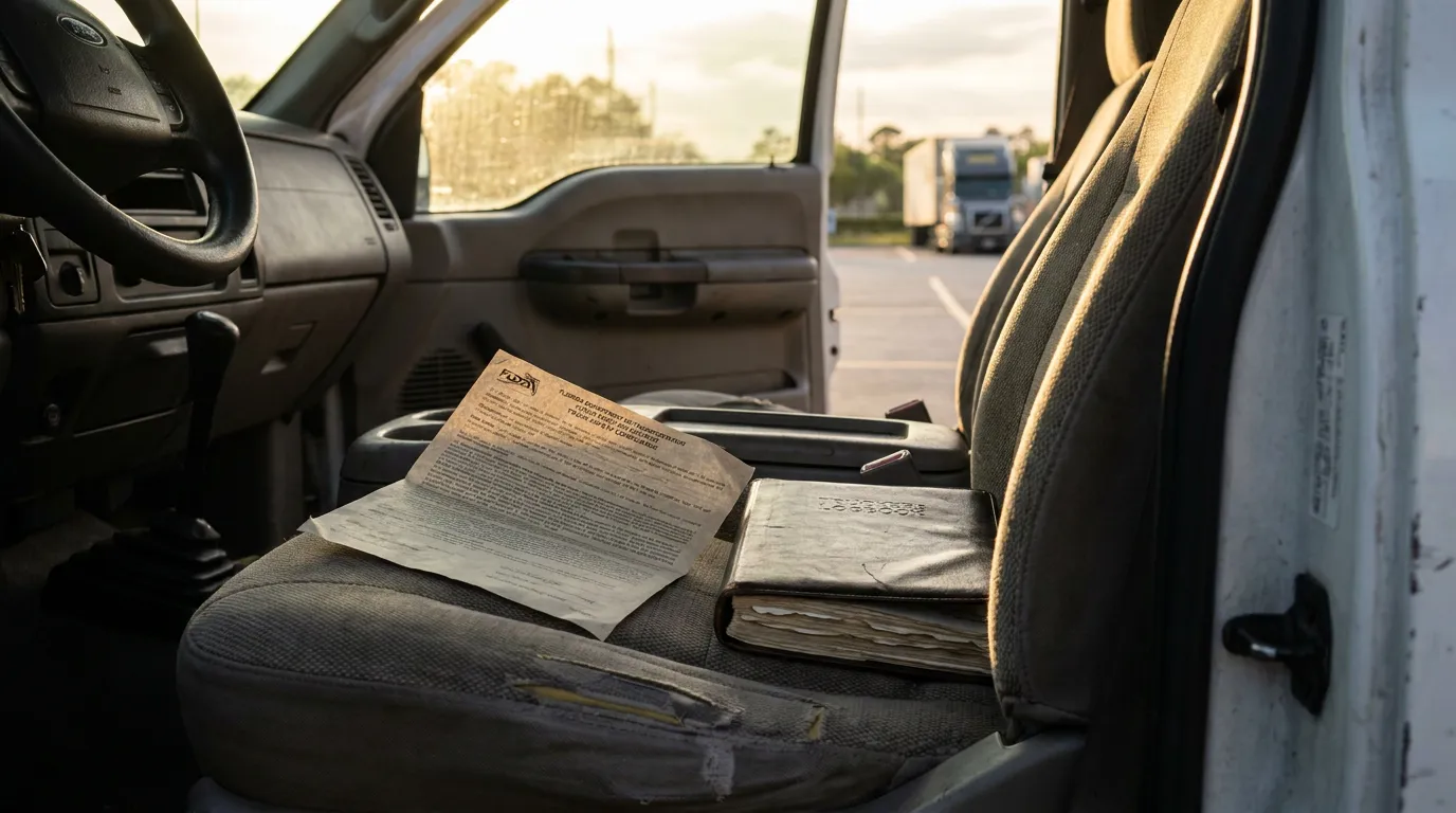 Florida Truck Accident Claim Documents Semi Truck Highway FDOT trucking regulation document and driver logbook on commercial truck seat
