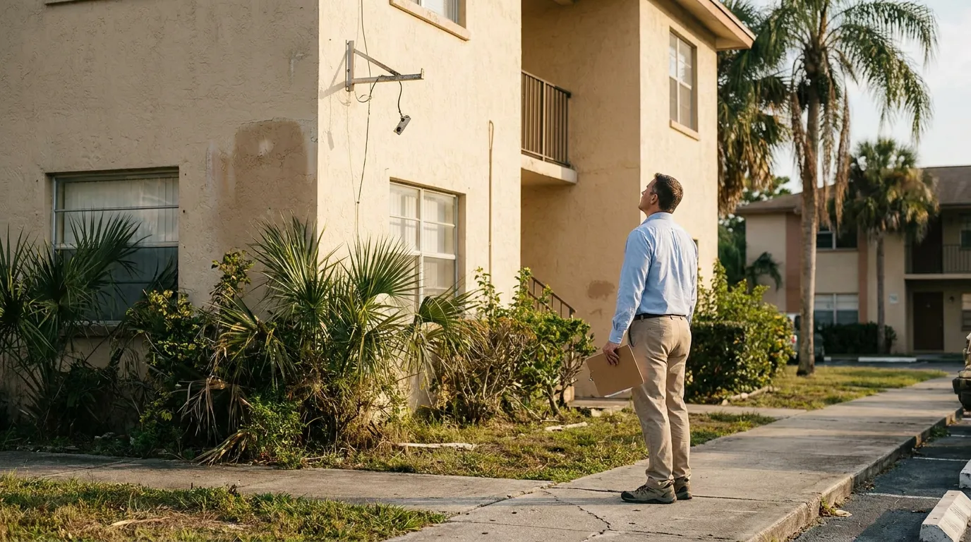 Florida Apartment CPTED Security Assessment Negligent Inspector man holding clipboard inspecting exterior of neglected apartment building with damaged light fixture