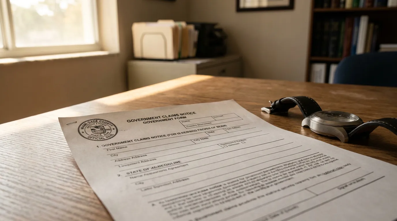 Miami-Dade County Government Claims Notice official form on wooden desk