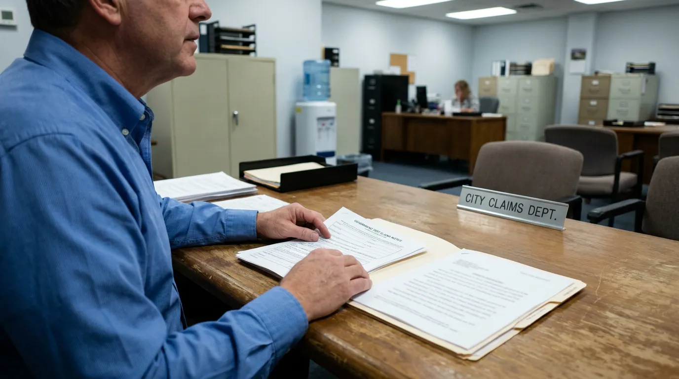 Man Filing Government Slip and Fall Claim Plantation Florida man reviewing documents at City Claims Dept counter with open file folder