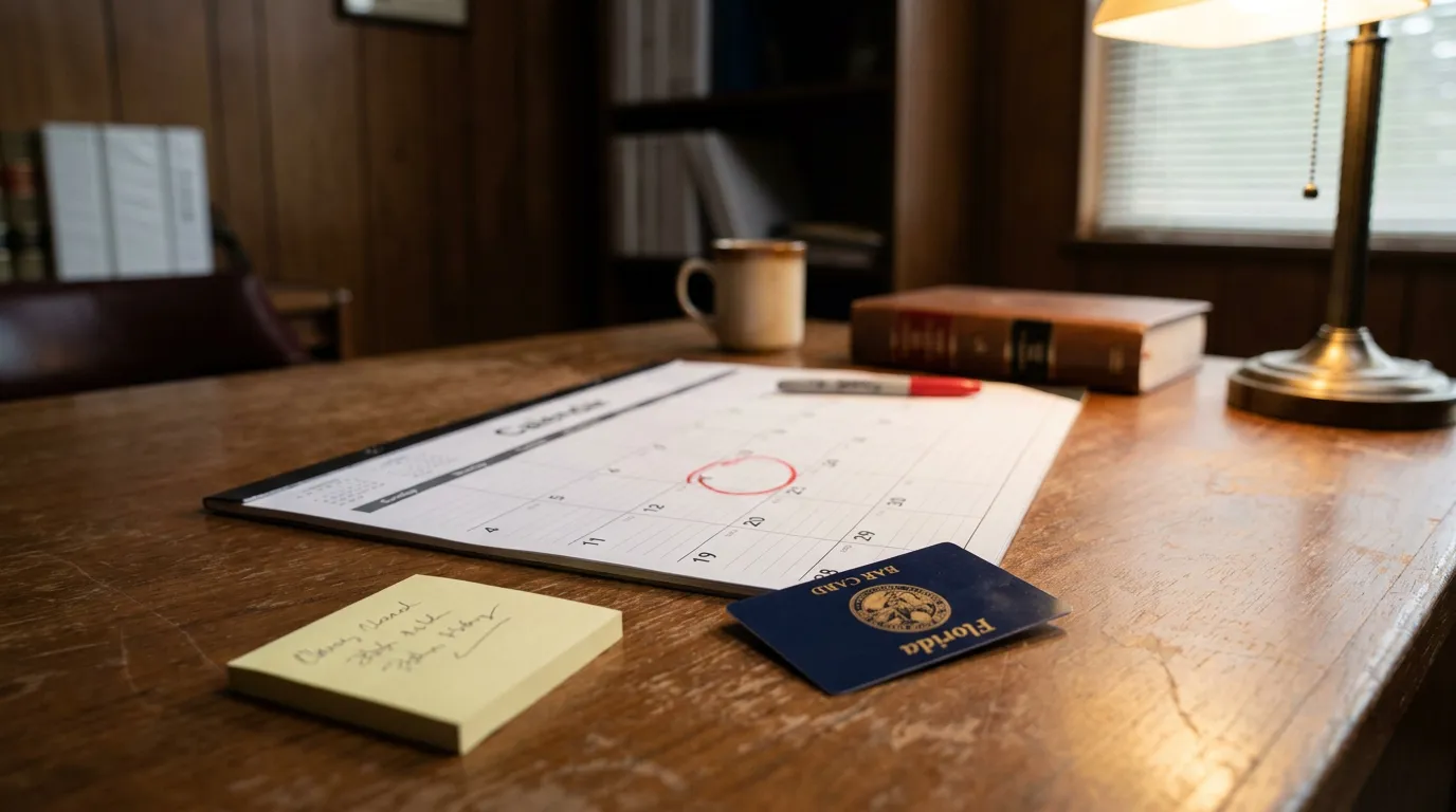 Florida Bar Card Calendar 180-Day Claim Deadline Fort Lauderdale Florida Bar Card and calendar with circled date on attorney's wooden desk
