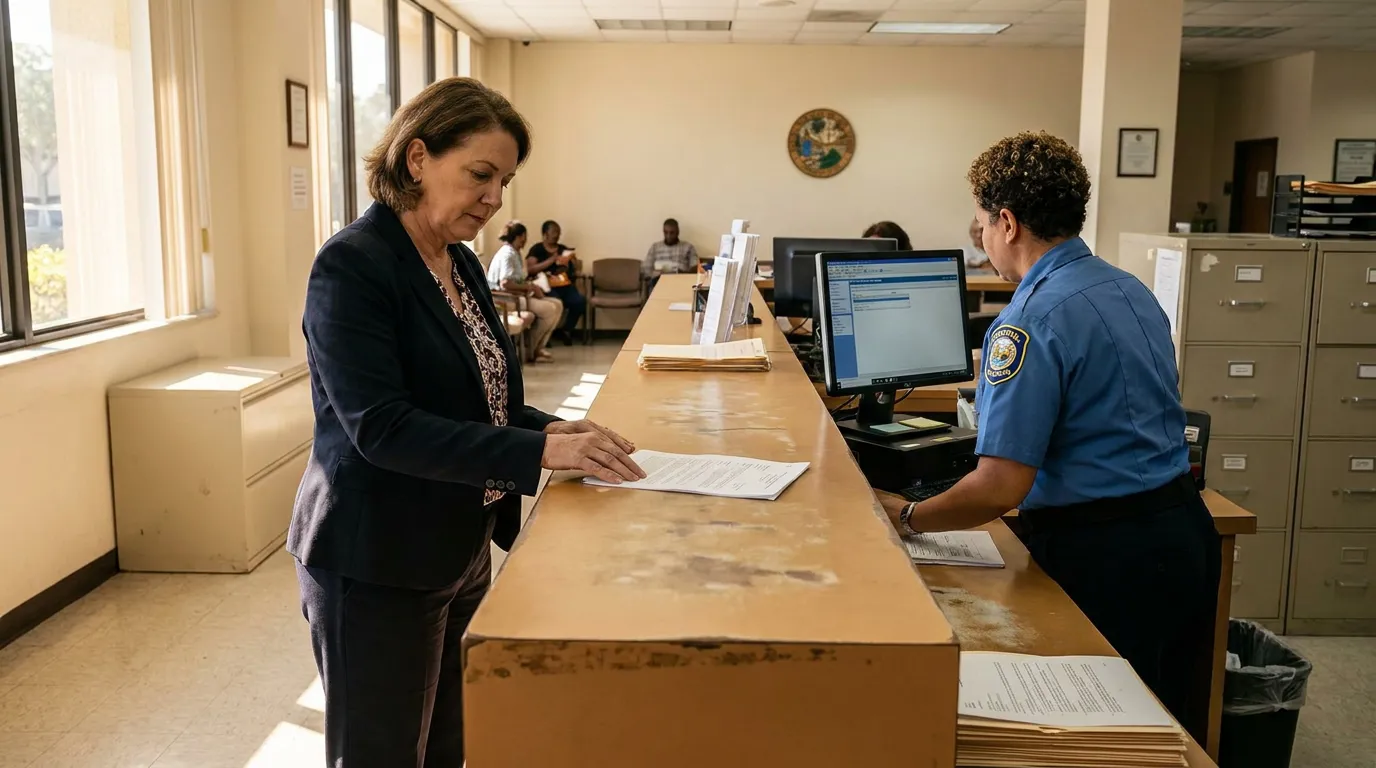 woman in suit reviewing documents at government office clerk counter