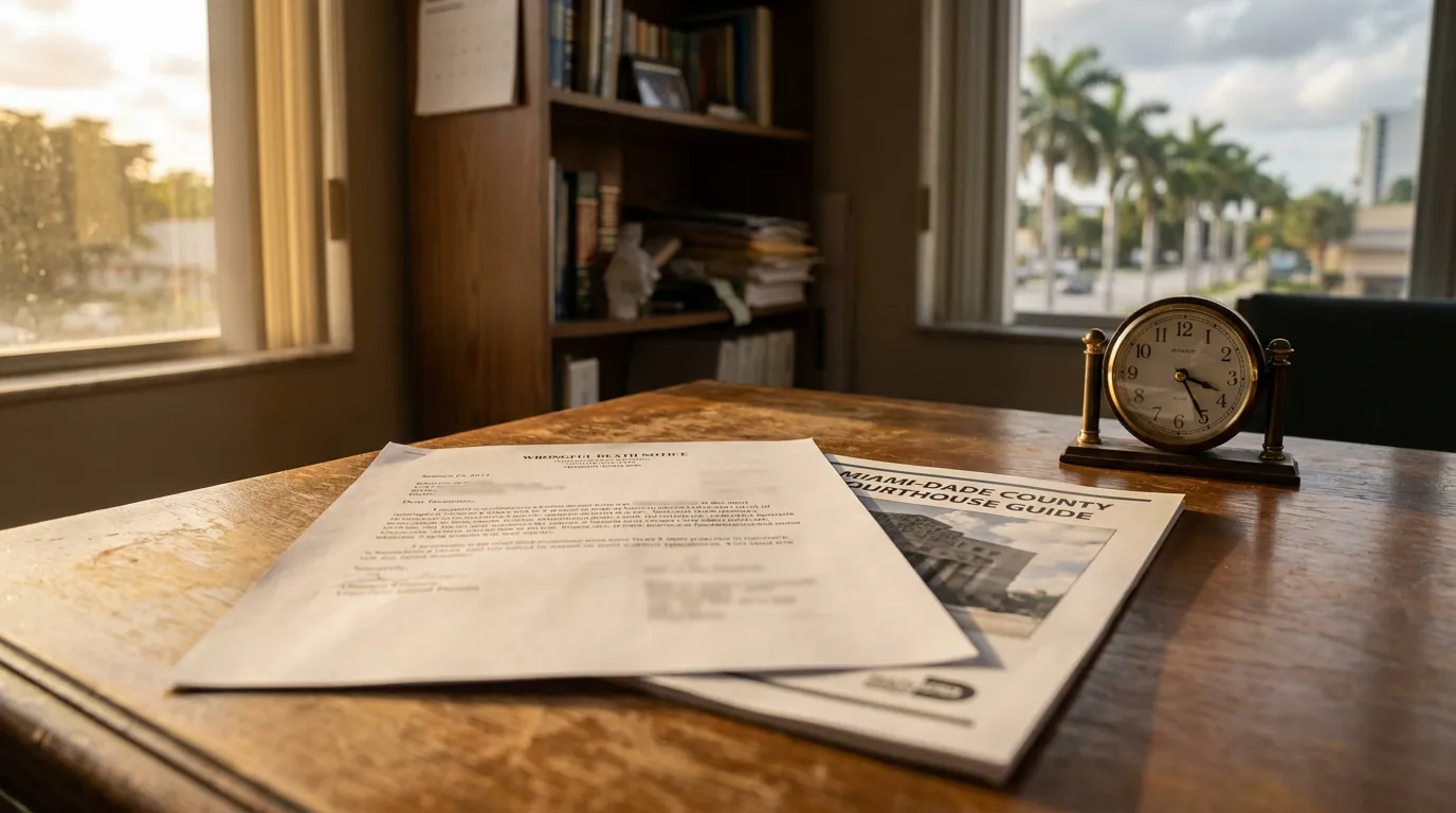 Wrongful Death Notice and Miami-Dade County Courthouse Guide on law office desk