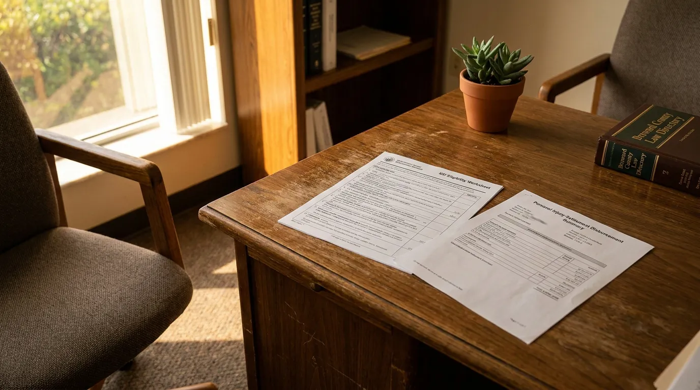SSD Eligibility Worksheet and Personal Injury Settlement Disbursement Summary on law office desk