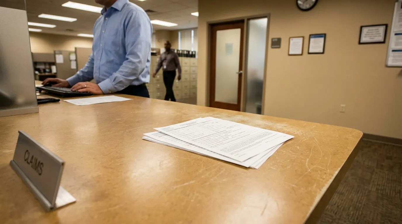 Miami Government Claims Counter Florida 768.28 Notice Filing Claims desk nameplate with documents and staff member typing at counter