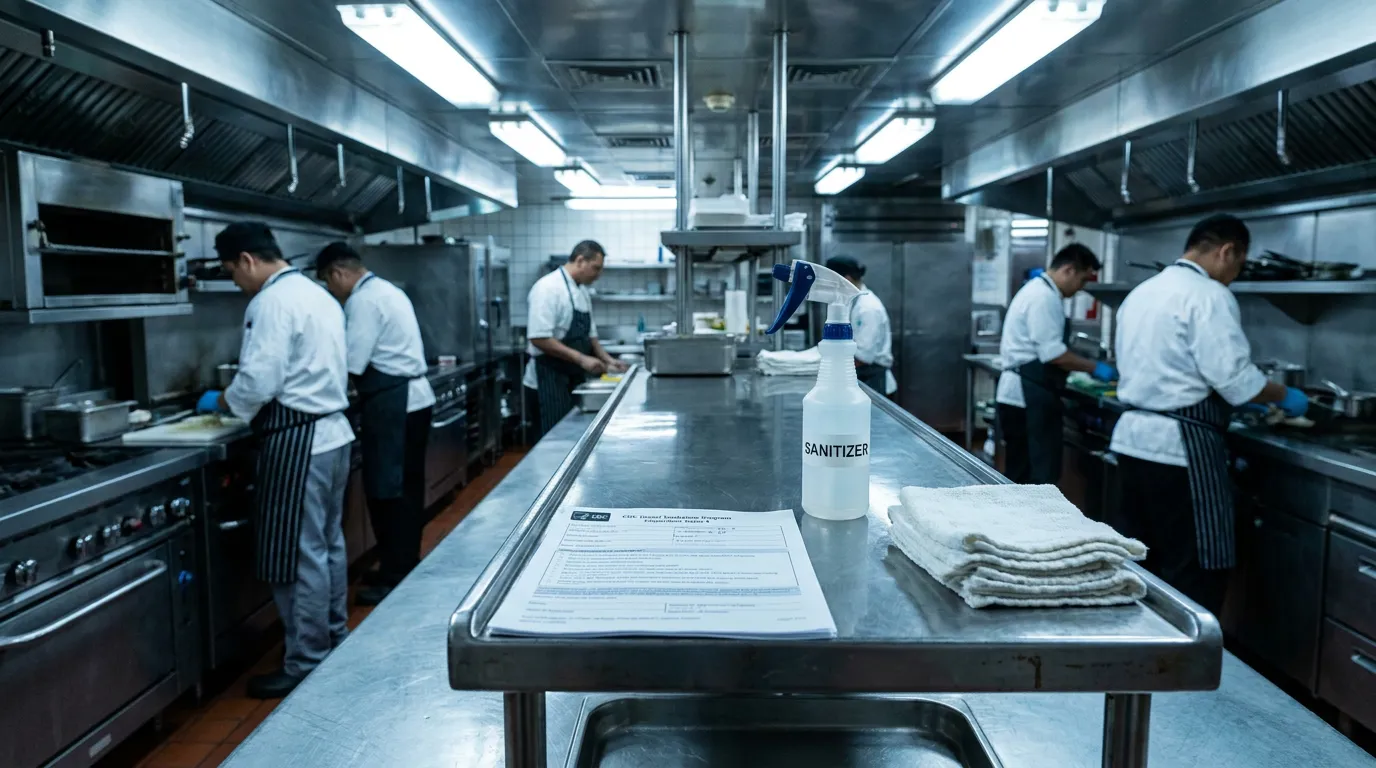 CDC VSP Inspection Report Cruise Ship Kitchen Ft Lauderdale commercial kitchen with sanitizer spray bottle, inspection report, and chefs working
