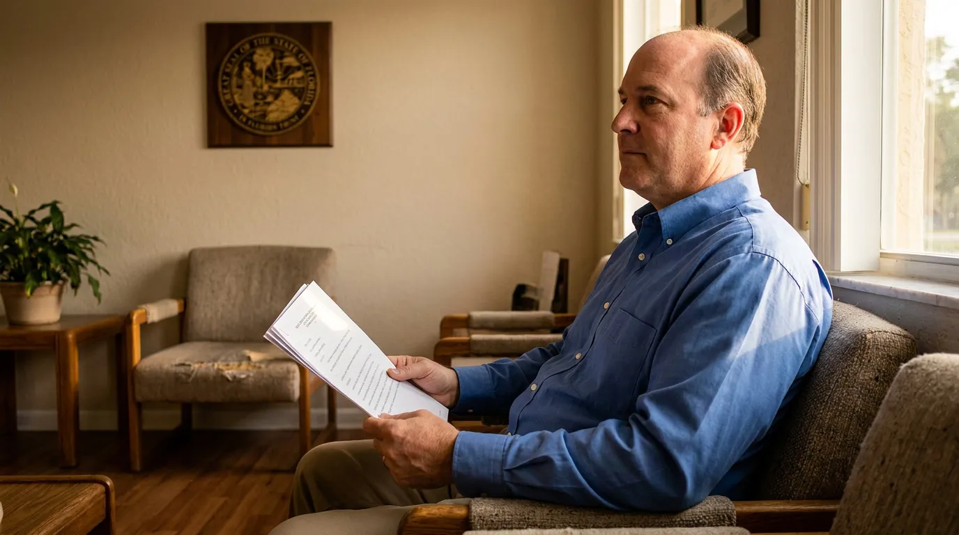 man seated in office holding legal documents near Great Seal of Florida plaque