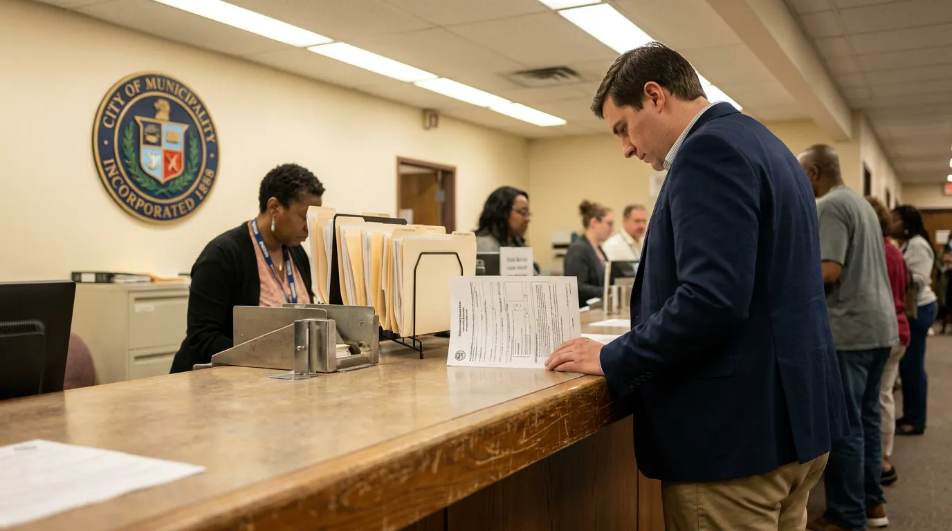 Filing Slip and Fall Claim Against City of Plantation Florida man reviewing legal document at municipal government office counter with city seal