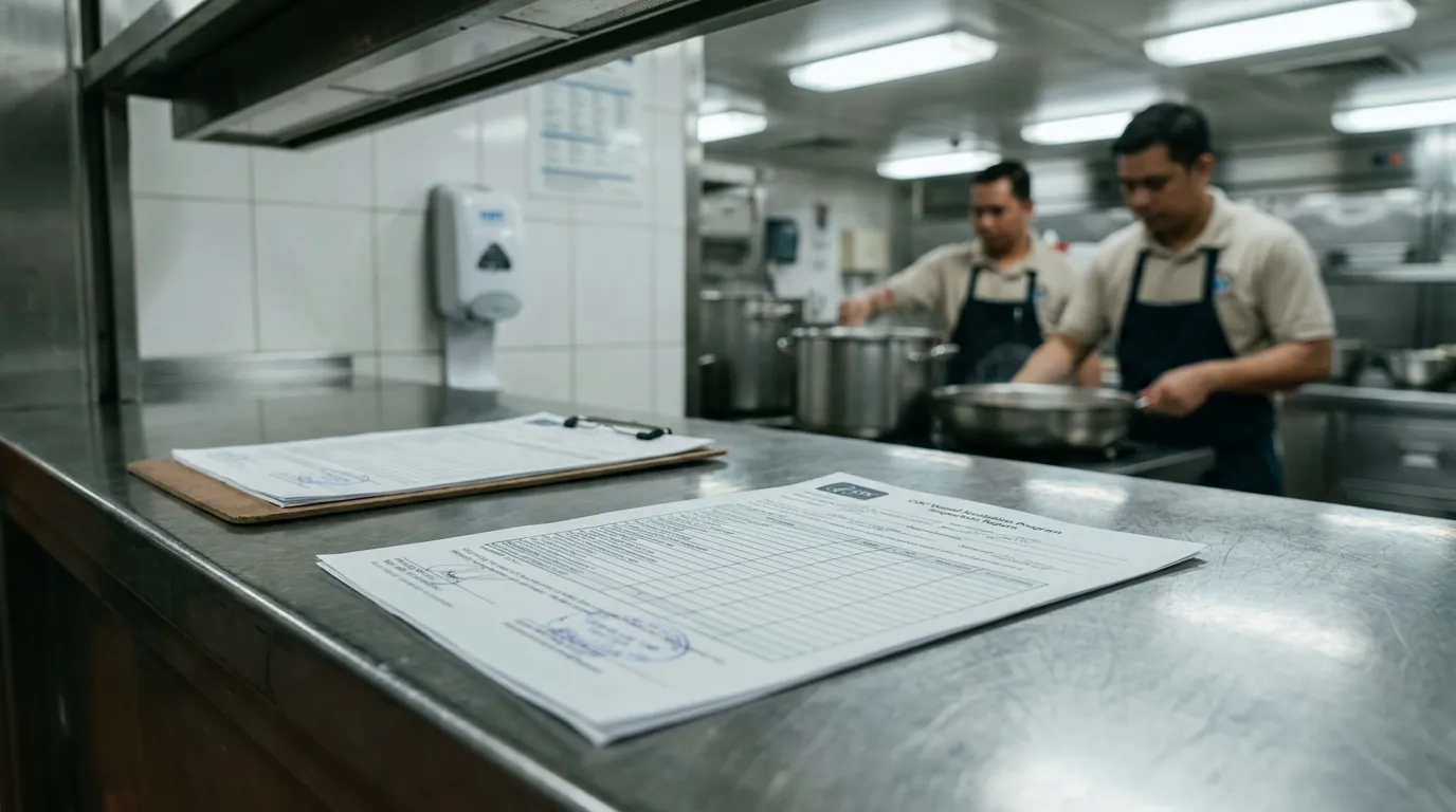 CDC Vessel Sanitation Inspection Report Miami Cruise Ship Kitchen CDC Vessel Sanitation Program inspection report on commercial kitchen counter with workers