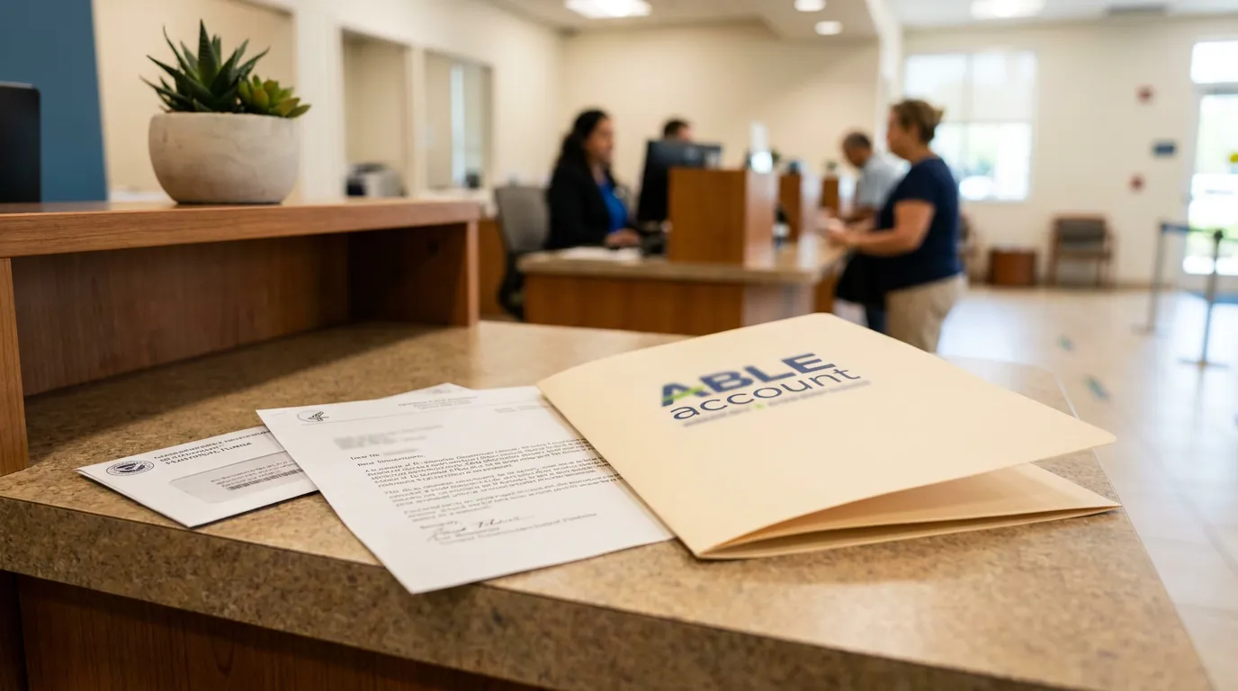 ABLE Account Folder and SSDI Documents Plantation Florida Office ABLE Account folder and signed documents on office reception counter with staff