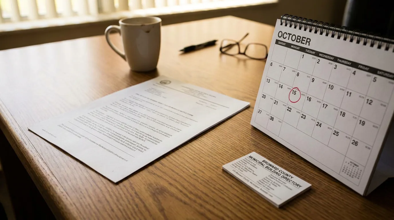 October desk calendar with circled date 15, legal document, and Broward County Municipal Building Directory card