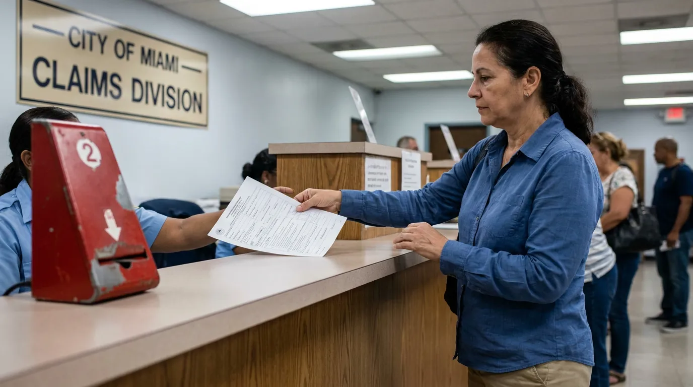 Woman Filing Notice of Claim at Miami Claims Division woman submitting document at City of Miami Claims Division counter