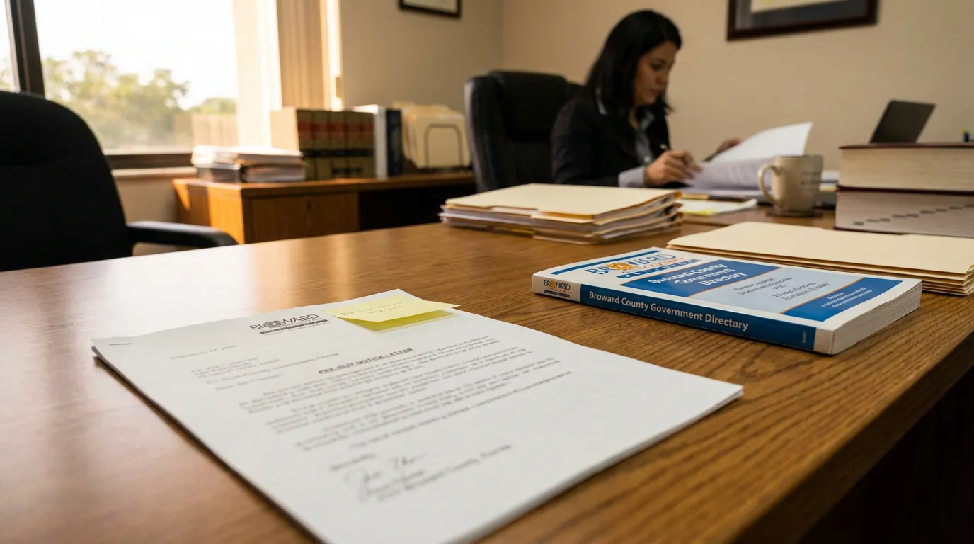 Pre-suit notice letter and Broward County Government Directory on attorney's desk