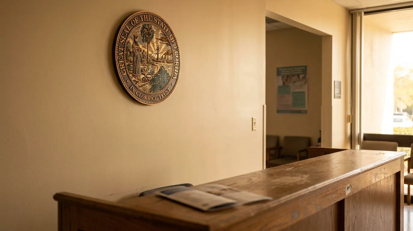 Florida State Seal Government Office Fort Lauderdale Sovereign Immunity Great Seal of the State of Florida plaque mounted above wooden reception desk