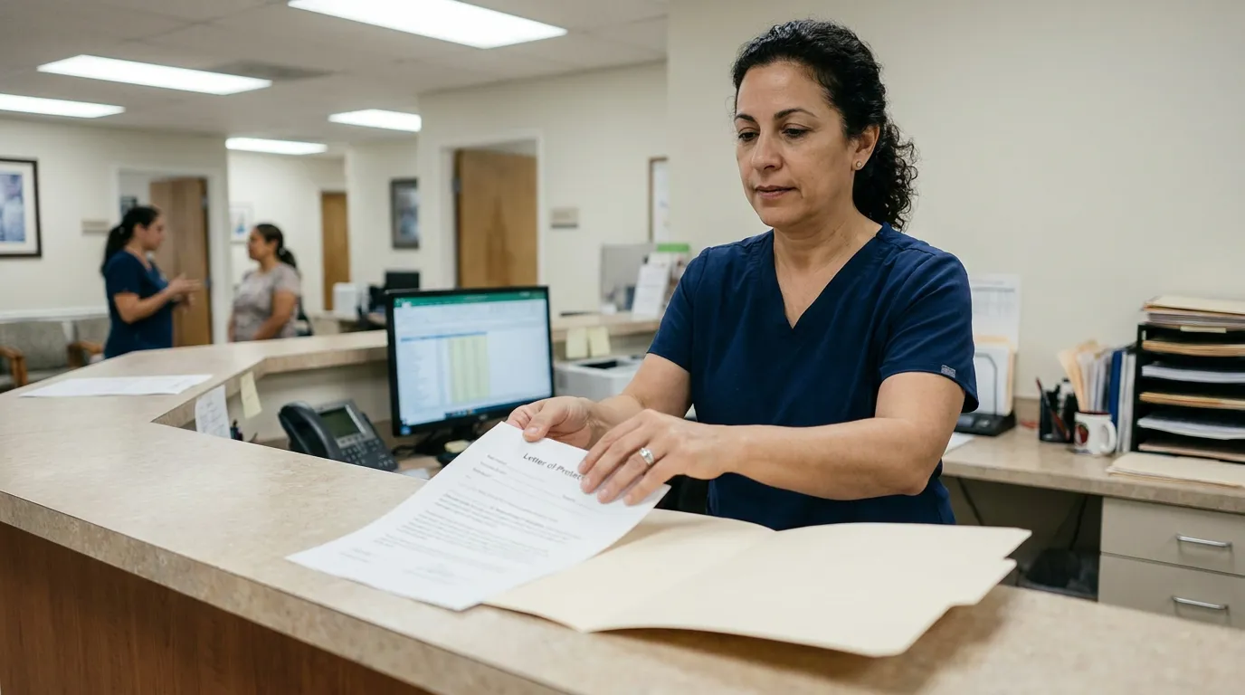 Miami Medical Staff Reviewing Letter of Protection Document medical staff member reviewing Letter of Protection document at clinic front desk