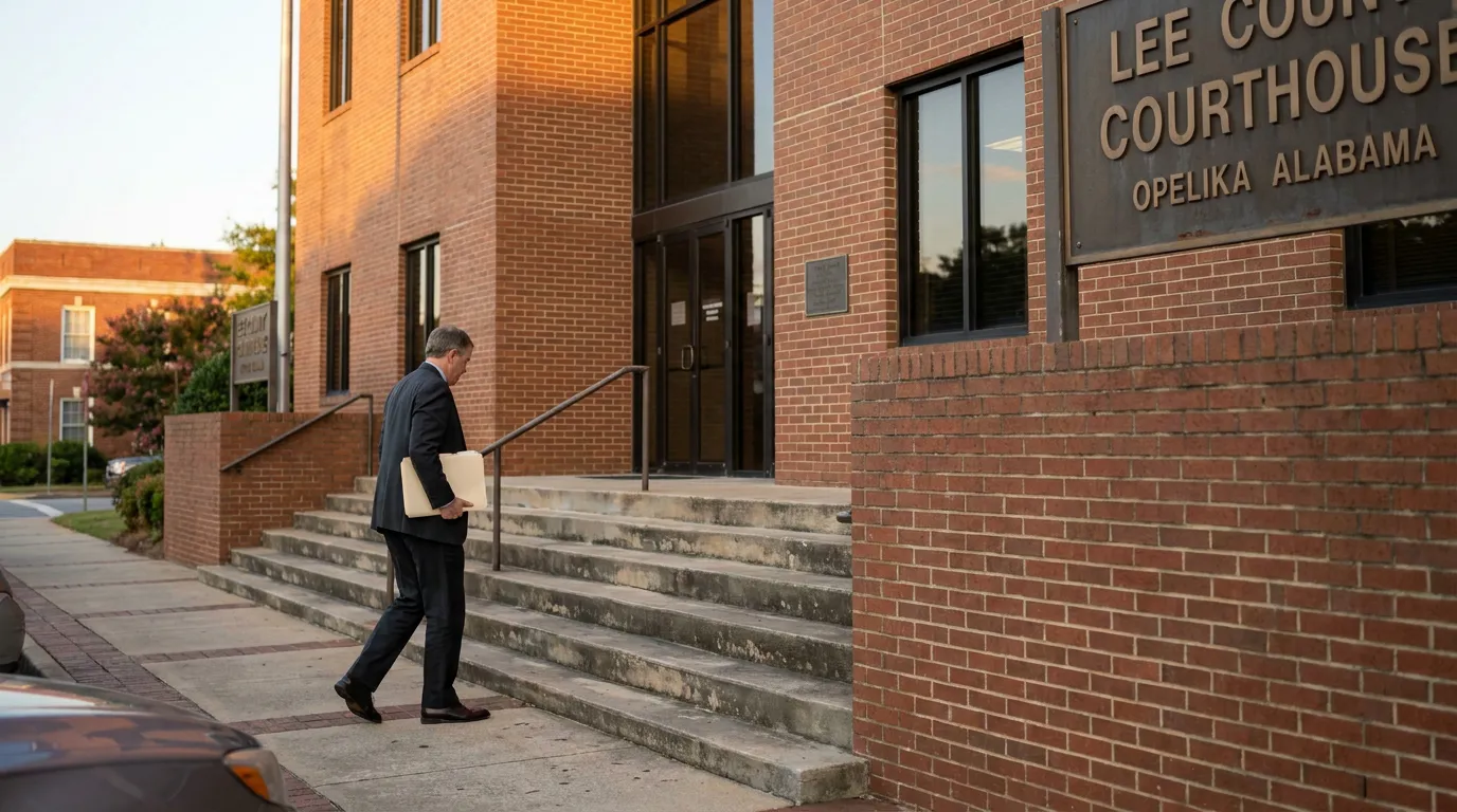 Attorney Entering Lee County Courthouse Opelika Alabama attorney carrying legal folders ascending steps of Lee County Courthouse Opelika Alabama