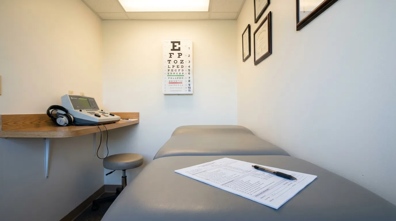 FAA Medical Exam Room Pilot Depression Certification medical examination room with eye chart, exam table, audiometer, and patient intake form