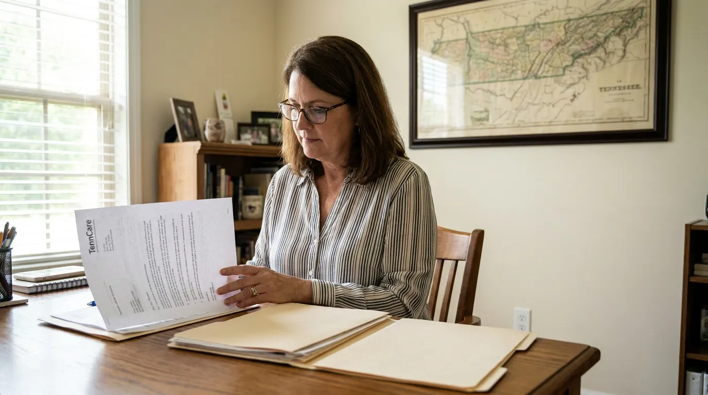 Woman Reviewing TennCare Estate Recovery Documents Franklin Tennessee woman reviewing TennCare document at desk with manila folders and Tennessee map