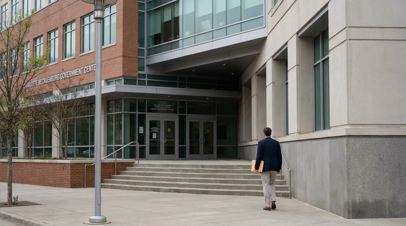 Attorney Filing Medicaid Hardship Waiver Charlotte Mecklenburg Government Center professional carrying folder walking toward Charlotte Mecklenburg Government Center entrance