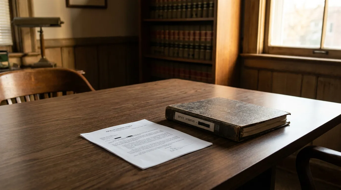 Illinois Probate Citation Document and Estate Inventory File Estate inventory binder and probate court document on wooden law office table