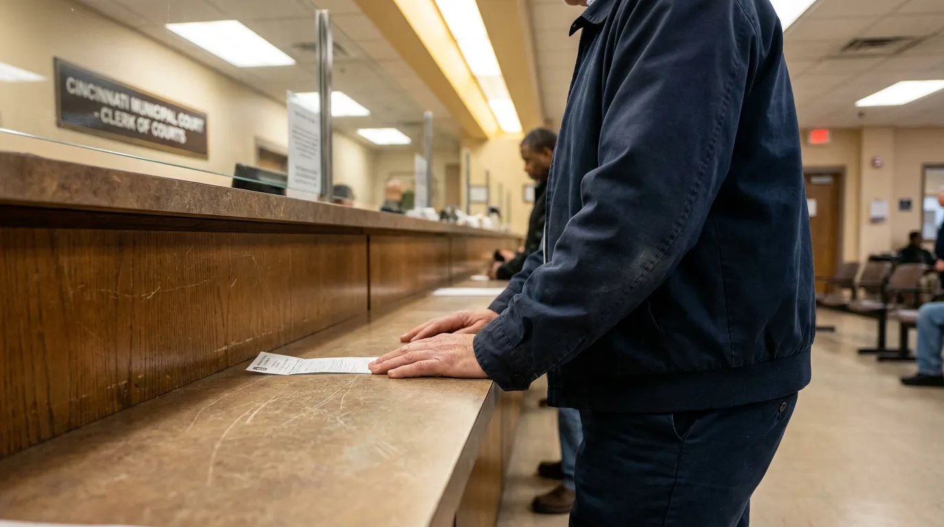 Cincinnati Municipal Court Clerk Minor Misdemeanor Ohio person standing at Cincinnati Municipal Court Clerk of Courts counter holding document