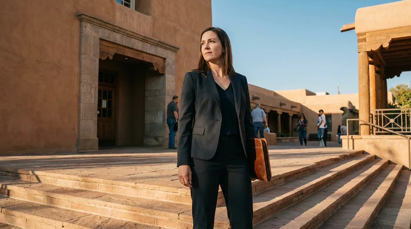 Santa Fe Trust Attorney Outside Adobe Courthouse female attorney in suit holding leather portfolio standing outside adobe courthouse steps