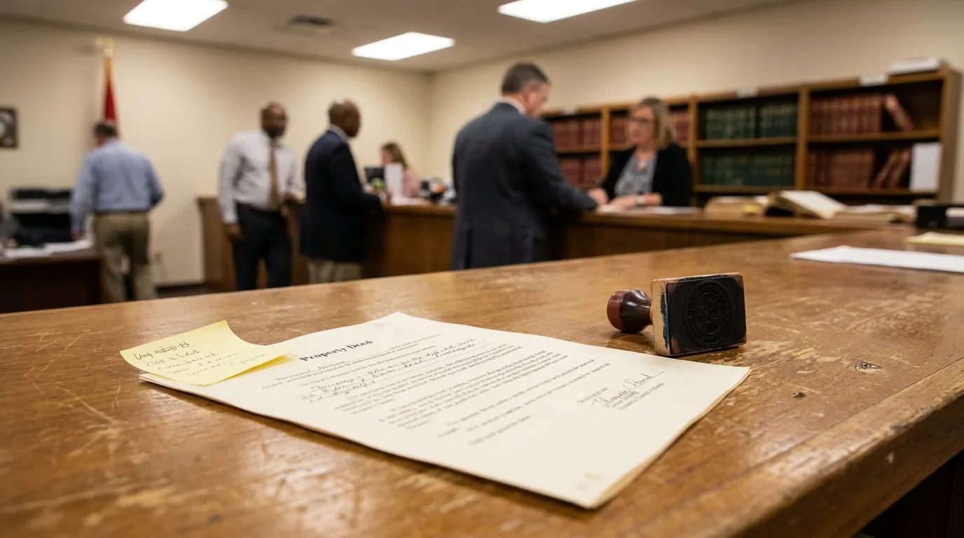 Franklin Tennessee Property Deed Joint Tenancy TennCare Estate Recovery Property Deed document and notary stamp on courthouse counter with legal professionals