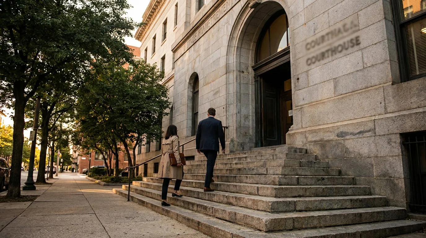 Attorneys Entering Baltimore Courthouse for Probate Administration two professionals ascending stone steps entering courthouse with arched entrance